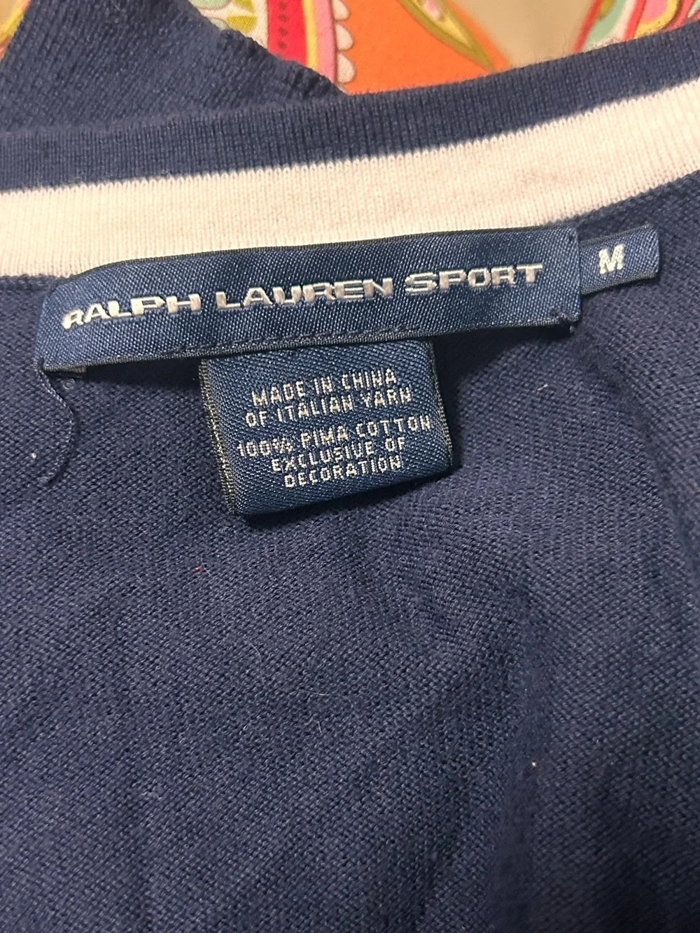 Ralph Lauren Sport Navy Blue Knit V-Neck Cardigan Sweater White Contrast Preppy